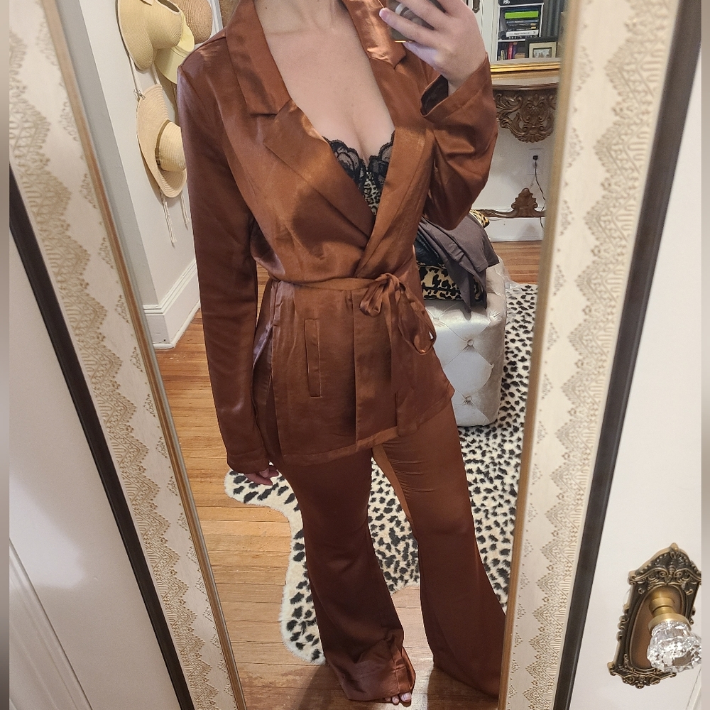 Brown Satin Pant Suit Set